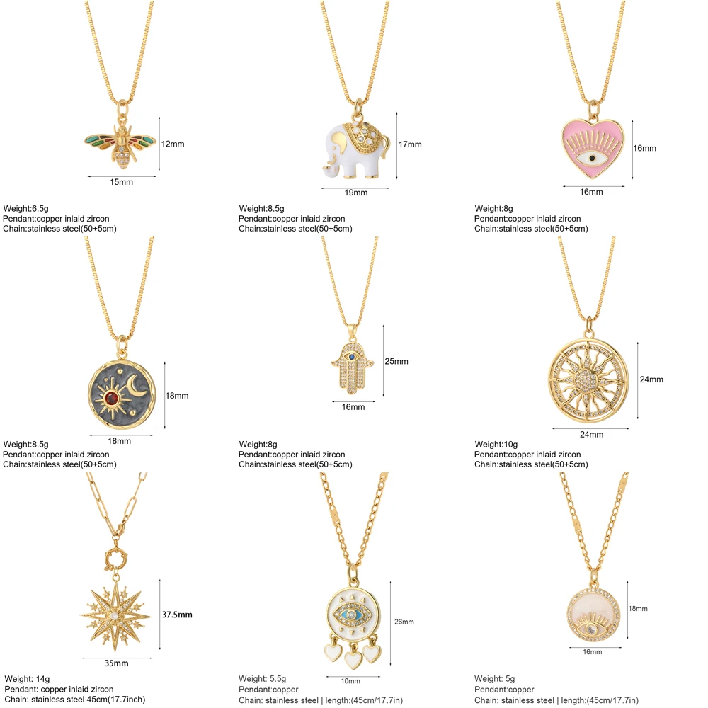 A selection of women's necklaces with different charms on them, including a Blue Eye Sun Necklace for Women.