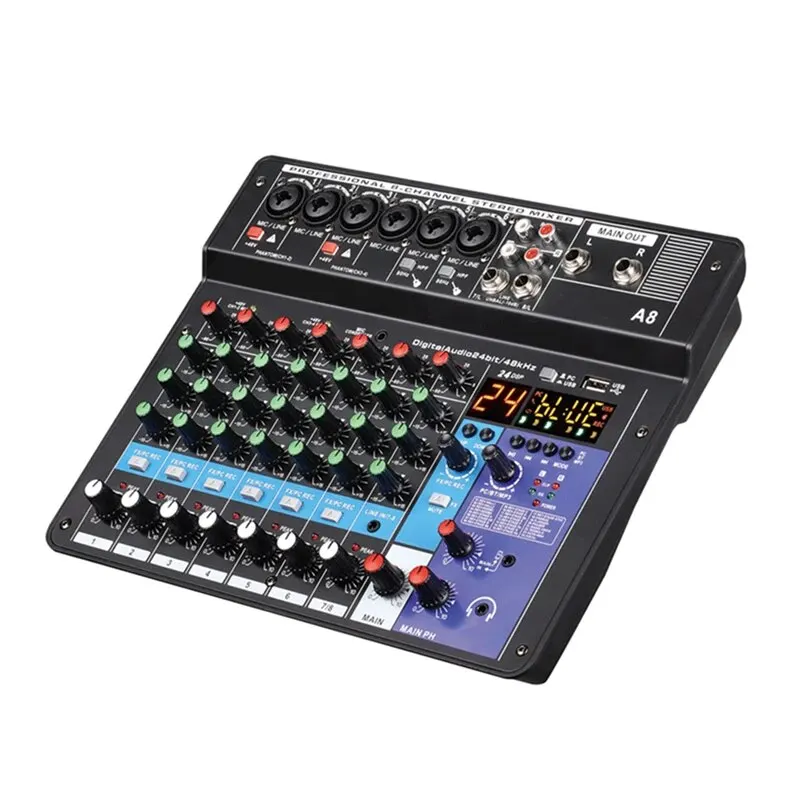 Audio Mixer Professional 8-Channel Sound Mixing Console A8 Support Bluetooth USB 48V Power Interface for Karaoke Party Recording
