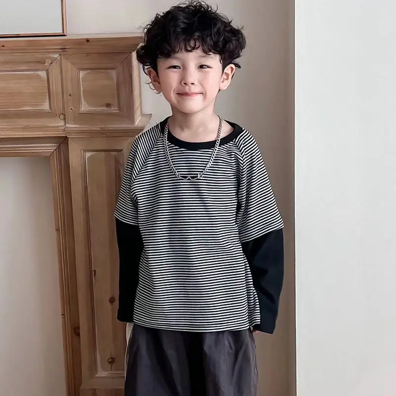 한국 스타일 스트라이프 스플라이싱 긴팔 셔츠 가을 겨울 남아 베이스 셔츠 아우터 아동 캐주얼 라이트 탑