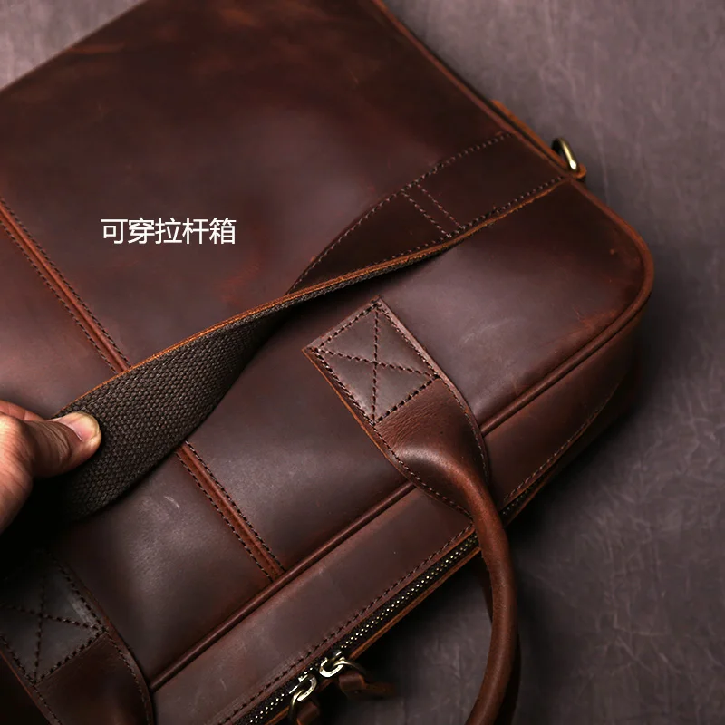 NZPJ Vintage Men's Leather Briefcase Casual Crazy Horse Leather Handbag Large Capacity Natural Cowhide Crossbody Computer Bag