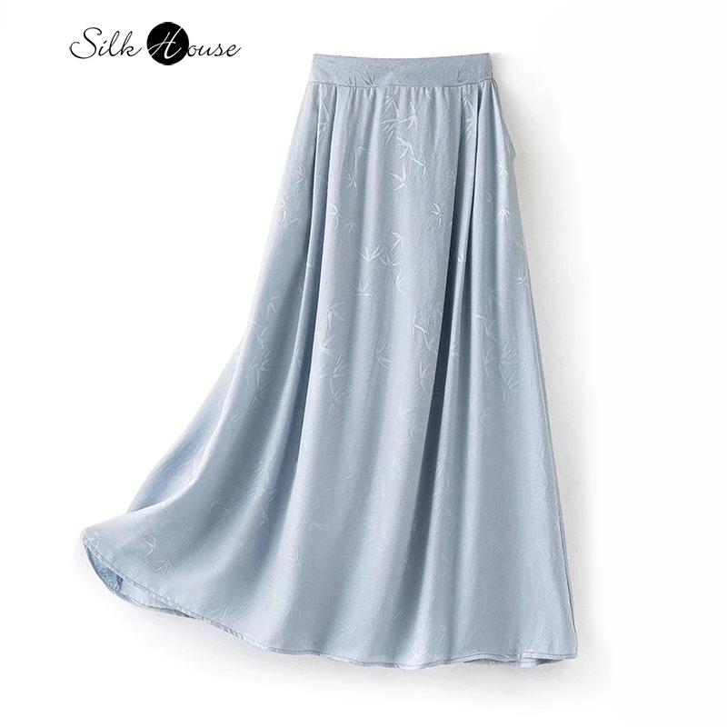 

2024 Women's Fashion Spring/Summer New 100%Natural Mulberry Silk Hualuo Jacquard Satin Pocket Design Mist Blue Large Swing Skirt