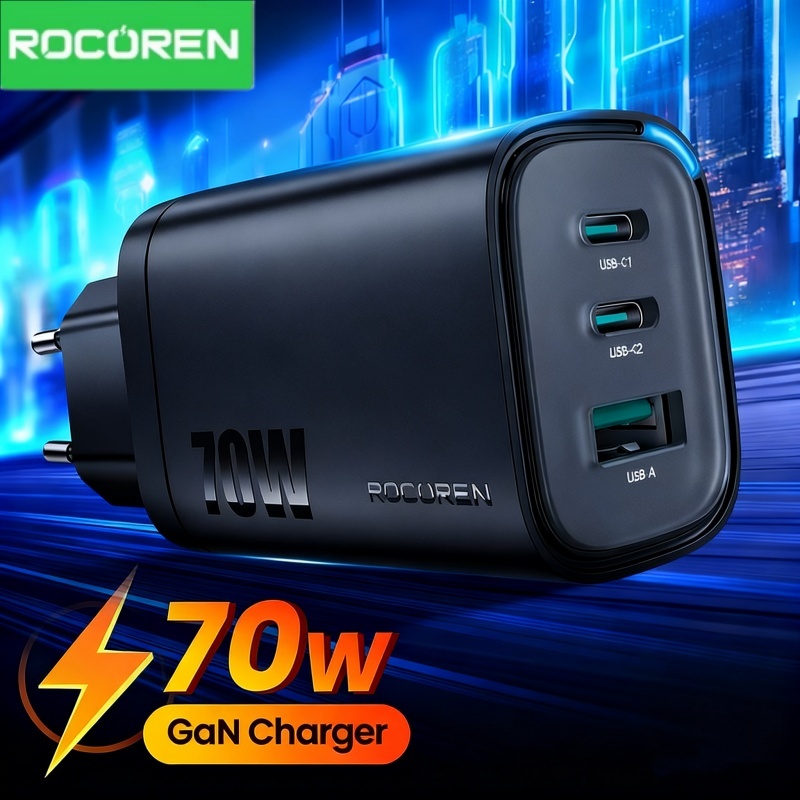 Rocoren 70W GaN USB Type C Charger QC PD 3.0 USBC Fast Charging USB Charger For iPhone 17 Pro Xiaomi Macbook Samsung S25 Laptop