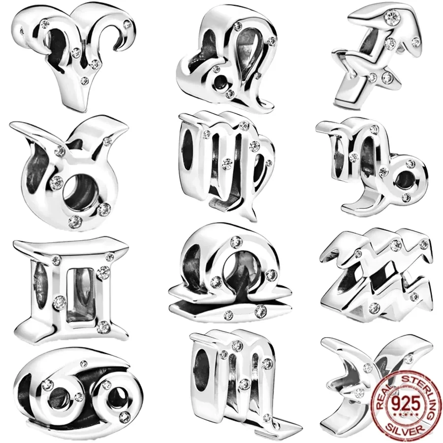 925 Solid Silver Zodiac Dodici Costellazioni Sparkling Aries Leo Pesci Beads Fit Original Pandora Charms Bracciale Gioielleria Raffinata