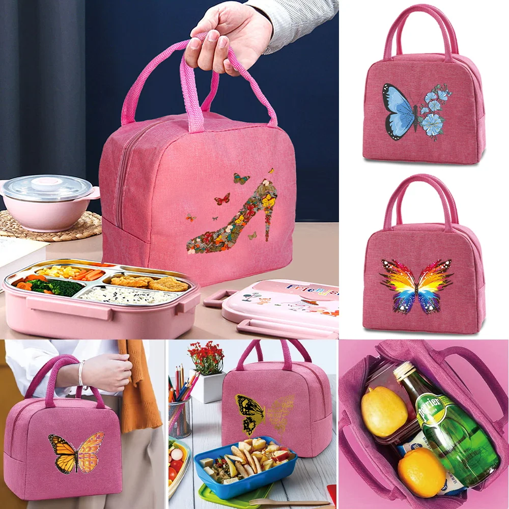 

Lunch Bag Women Outdoor Picnic Thermal Portable Case Kids Cooler Food Organizer Handbag Butterfly Print Insulated Canvas Bags