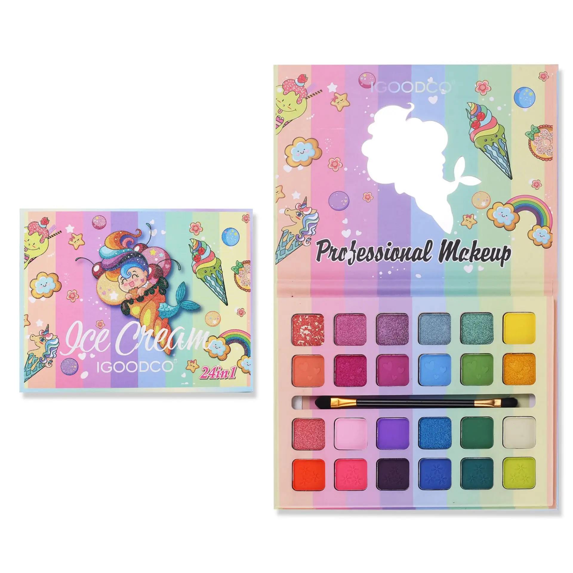 

Exquisite Ice Cream Pattern 24 Color Children Eye Shadow Plate Matte Pearl with Brush Makeup Eyeshadow Palette Safety Waterproof
