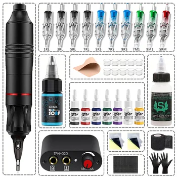 Kit professionale per macchinetta per tatuaggi Set di penne per tatuaggi rotanti con aghi per cartuccia Alimentatore Kit per principianti di tatuaggi per trucco permanente