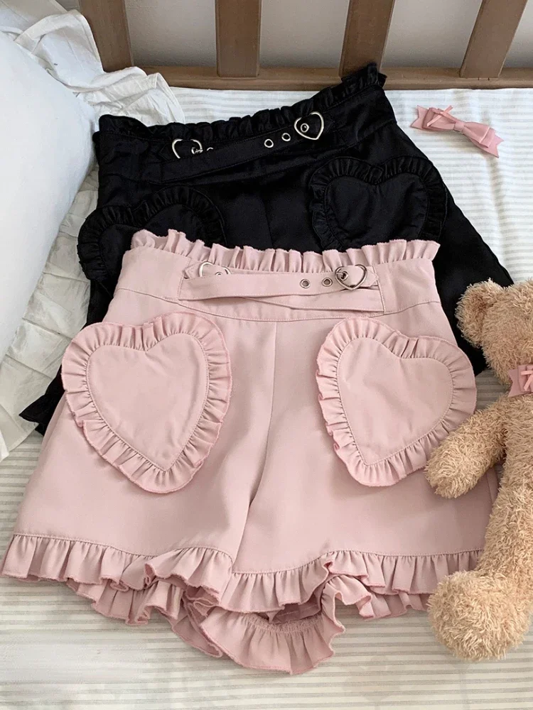 

Шорты женские в стиле «Лолита», милые короткие штаны с карманами и оборками в готическом стиле, с завышенной талией, черные розовые в стиле Харадзюку для девушек, Y2k, в японском стиле