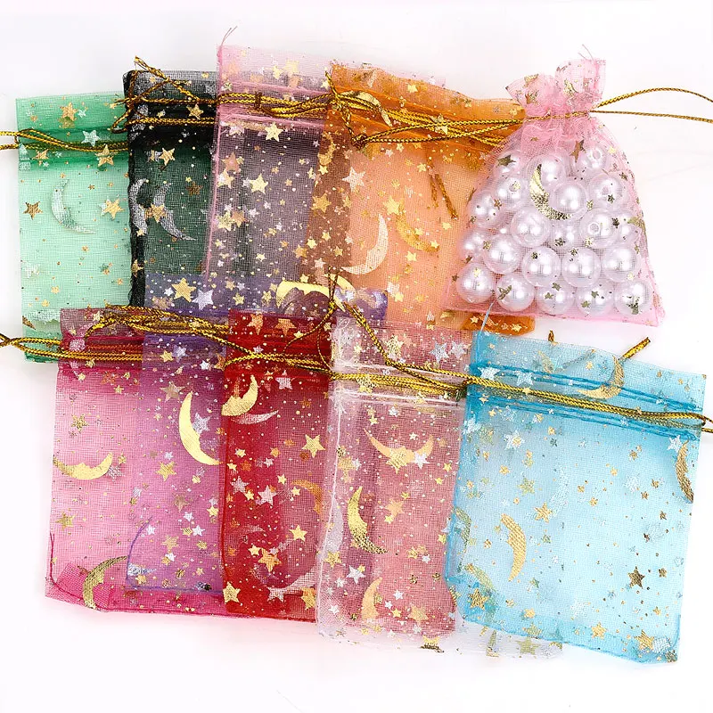 50pcs Colorful Organza Drawstring Bags Gold Color Moon Star Stamping Mesh Bag for Jewelry Display Packaging Wedding Gifts Pouch 50pcs lot 13x18cm mix color drawstring organza bags jewelry packaging bags candy wedding bags wholesale gifts pearl mesh pouches