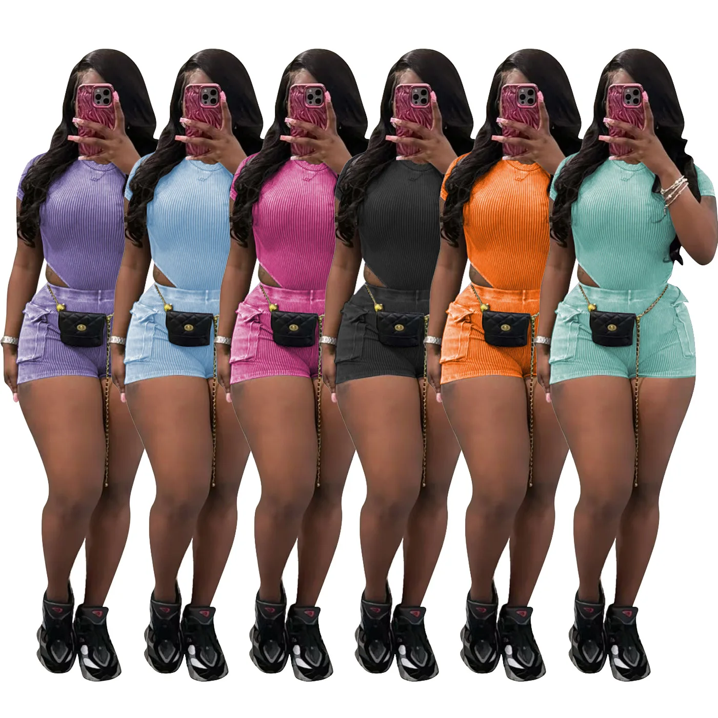 

Женский спортивный костюм для фитнеса из 2 предметов, короткий топ с коротким рукавом, облегающие байкерские шорты-карго, подходящий комплект, летняя уличная одежда 2024, тренировочные костюмы