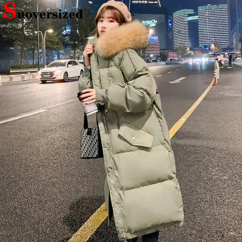 

Winter Warm Hooded Mid-length Parkas Casual Women Oversized 6xl Thicken Cotton Padded Jackets Snow Wear Loose Windproof Chaqueta