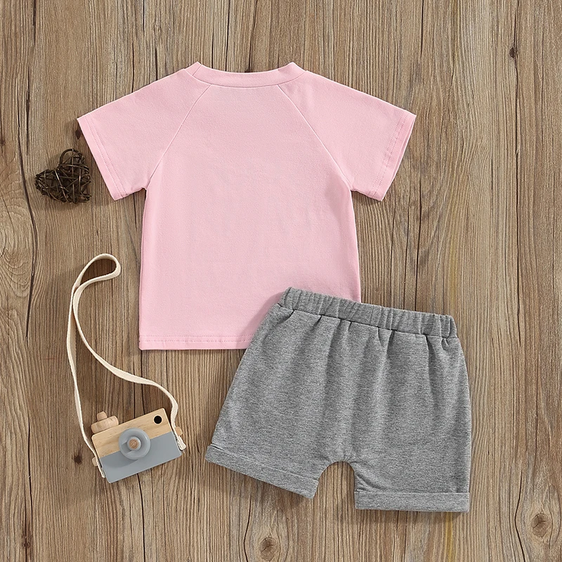 

Baby Girl Summer Outfit Letter Print Crew Neck Short Sleeve T-Shirts Tops Elastic Waist Shorts 2Pcs Clothes Set