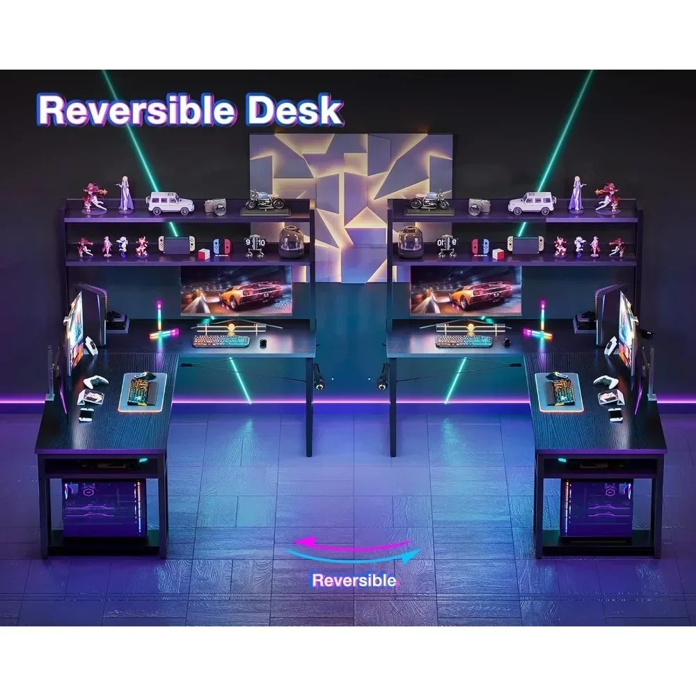 "ergonomic l-shaped desk with hutch and storage for home office, 66" corner desk with headphone stand"