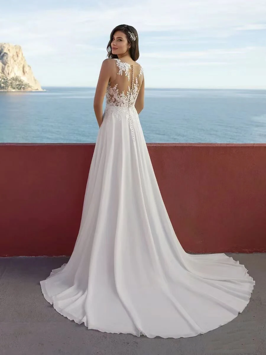 Sexy High Split Boho Chiffon Beach Wedding Dresses Summer V Neck Illusion Back Lace Bride Wedding Gowns Vestidos De Noiva 3