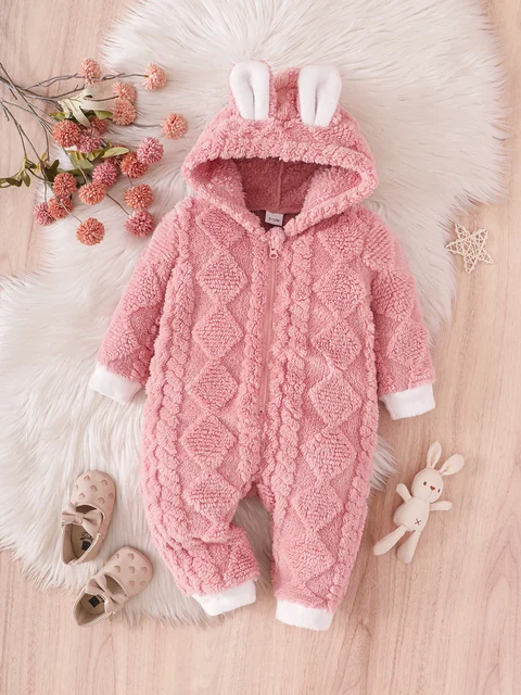 Pelele informal con capucha de lana rosa para niña, ropa todo en uno para niña, traje suave y cálido para invierno