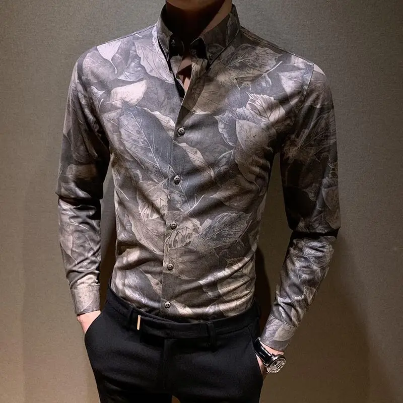 

Men shirt Long-sleeved Spring and Autumn Fashion Printed Casual Slim-fit Shirts Handsome Floral Fashion Men's Clothing