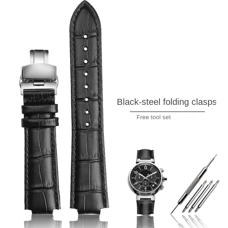 Luxurious Genuine Leather Watchband with Chain Butterfly Clasp