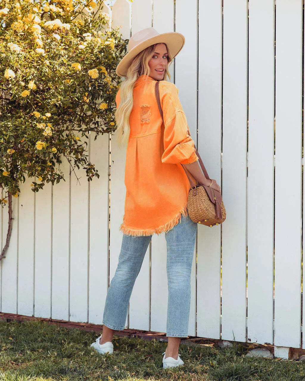 Image of Women Fashion Ripped Denim Jacket Turn Down Collar Long Sleeve Tops Single Breasted Tassels Coat Loose Shirts & Blouses Outwear