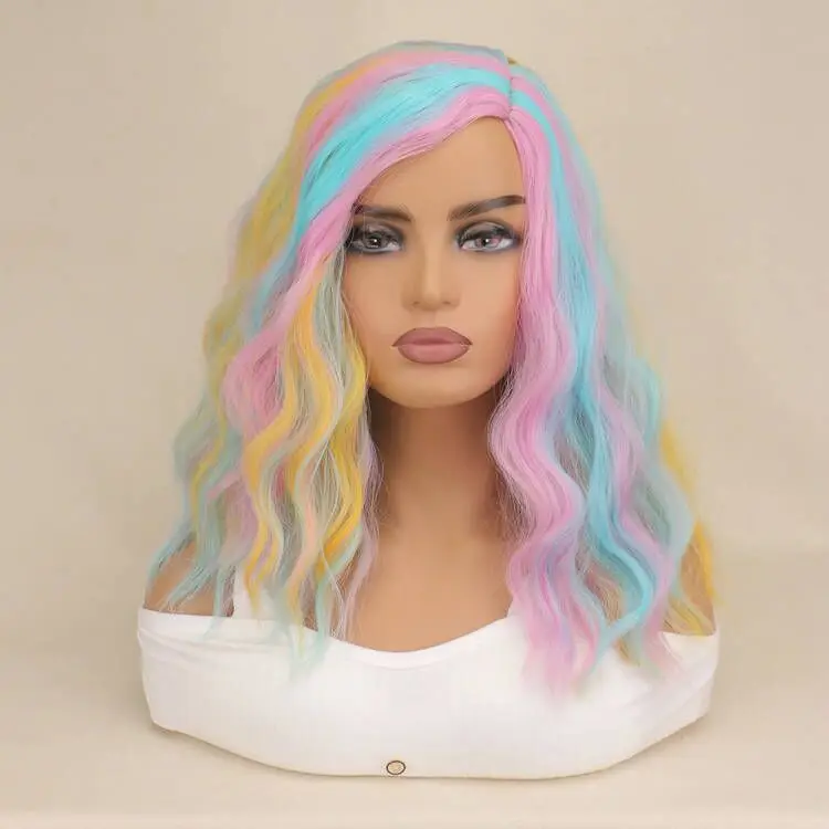 

QQXCAIW Rainbow Colorful Long Wavy Wig Cosplay Party Women Heat Resistant Synthetic Hair Wigs