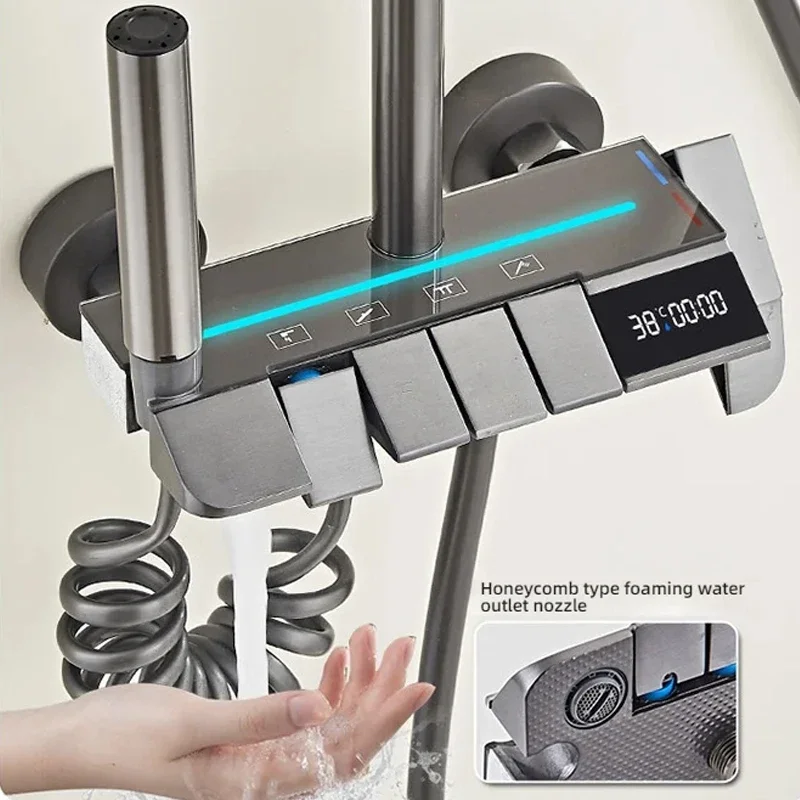 Temperature Digital Display Shower Set Faucet Bathroom Wall Mounted 4 Ways Water Outlet Rainlfall Hot Cold Shower Faucet System