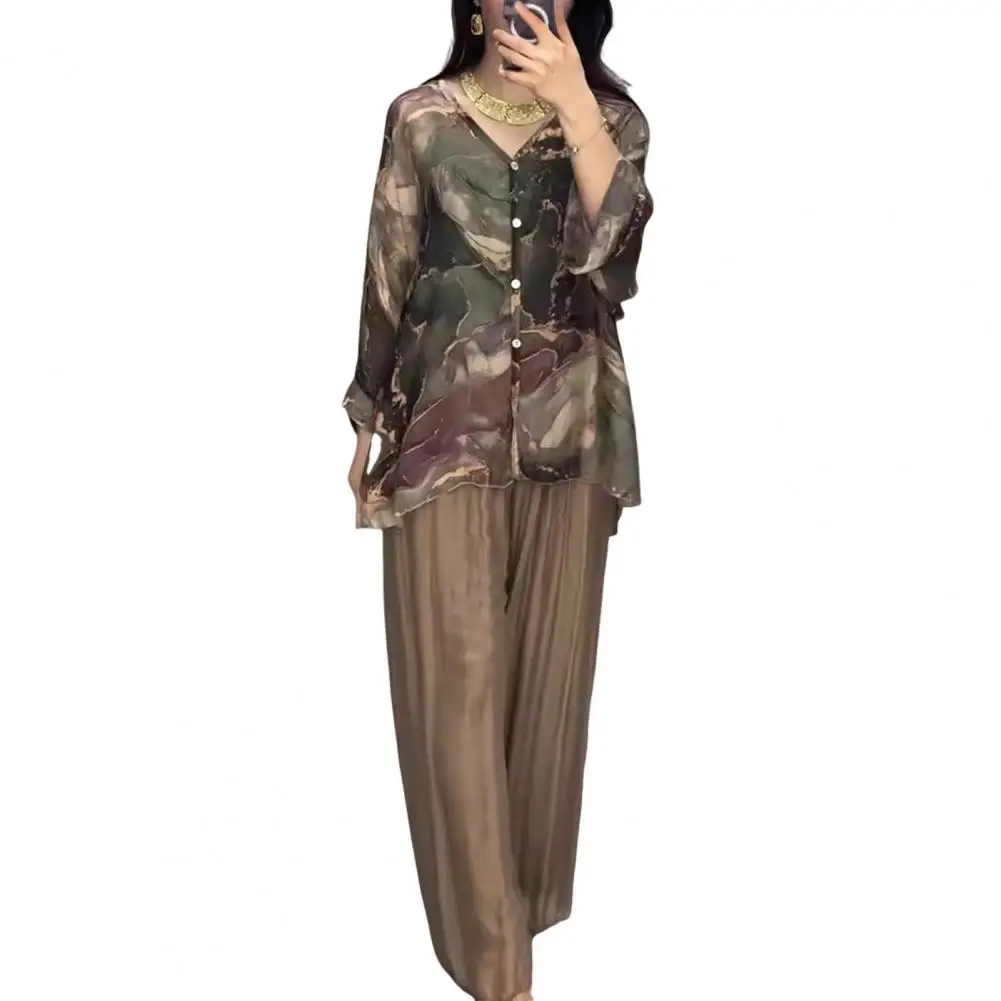 Lightweight Wide-leg Trousers Set Marble Print V Neck Blouse Wide Leg Trousers Set Stylish Women's Homewear for Casual Commute 2