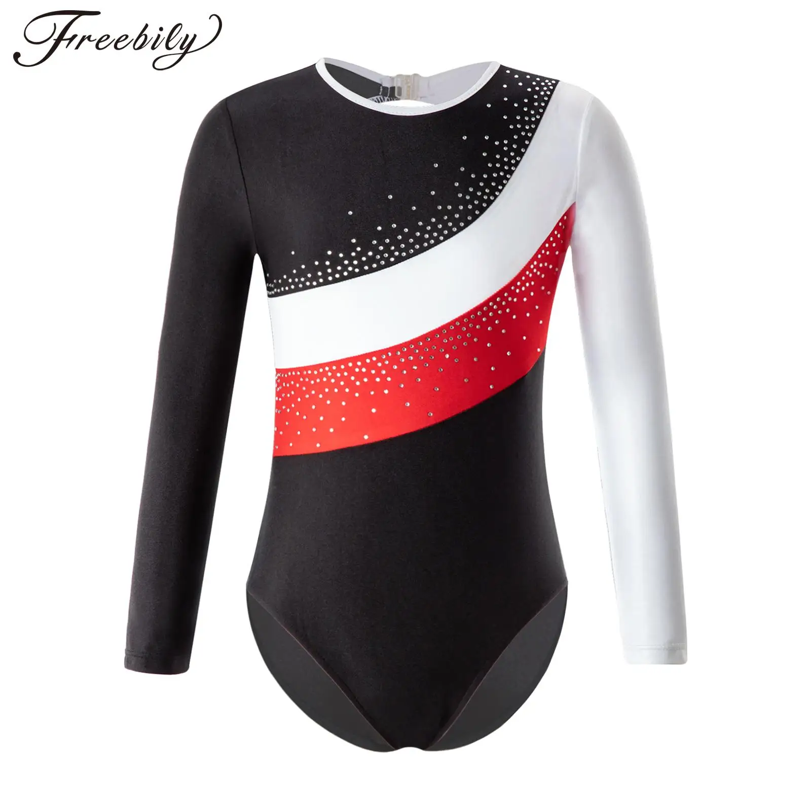 

Kids Girls Ballet Dance Leotards Figure Skating Performance Costume Long Sleeve Hollow Back Shiny Rhinestone Gymnastics Bodysuit