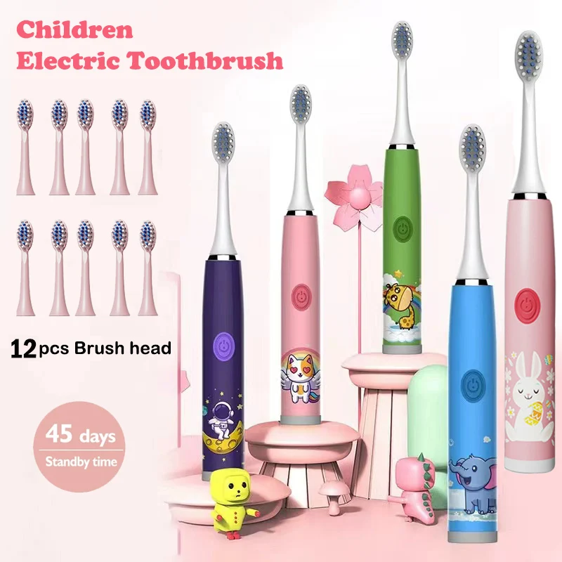 Escova de Dentes Elétrica Recarregável Infantil Pele Macia Automática Impermeável Colorida Desenhos Animados Crianças 12 Pcs