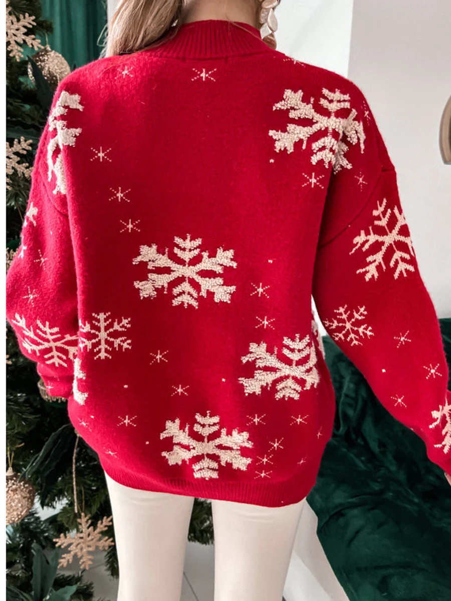 Women s Cozy Knit Sweater with Snowflake Print Loose Fit Pullover Top for Autumn Christmas and Streetwear Fashion