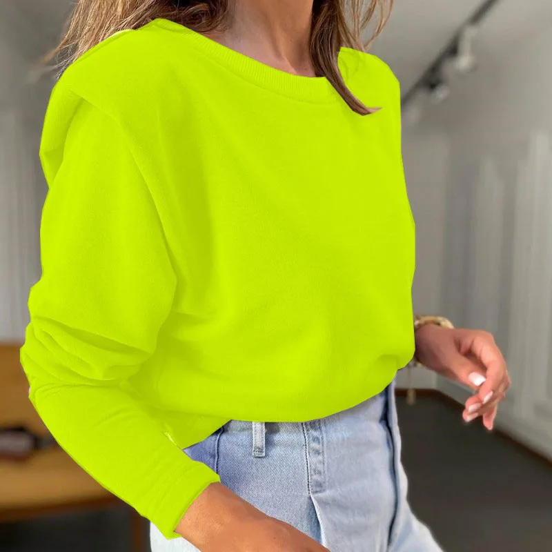 Neon Green Autumn Long Sleeve with Shoulder Pad Sweatshirts Casual Solid Women Hoodies O-neck Loose Winter Fashion Pullover Tops sweatshirts flannels pumpkins bonfires pullover sweatshirt in green size s