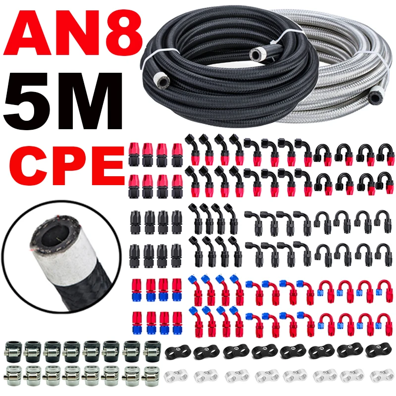 

5M/16.4FT AN8 8AN ID:11mm Car Fuel Hose Oil Gas Line Nylon Stainless Steel CPE Rubber Brake Pipe End Fittings Clamps Separator