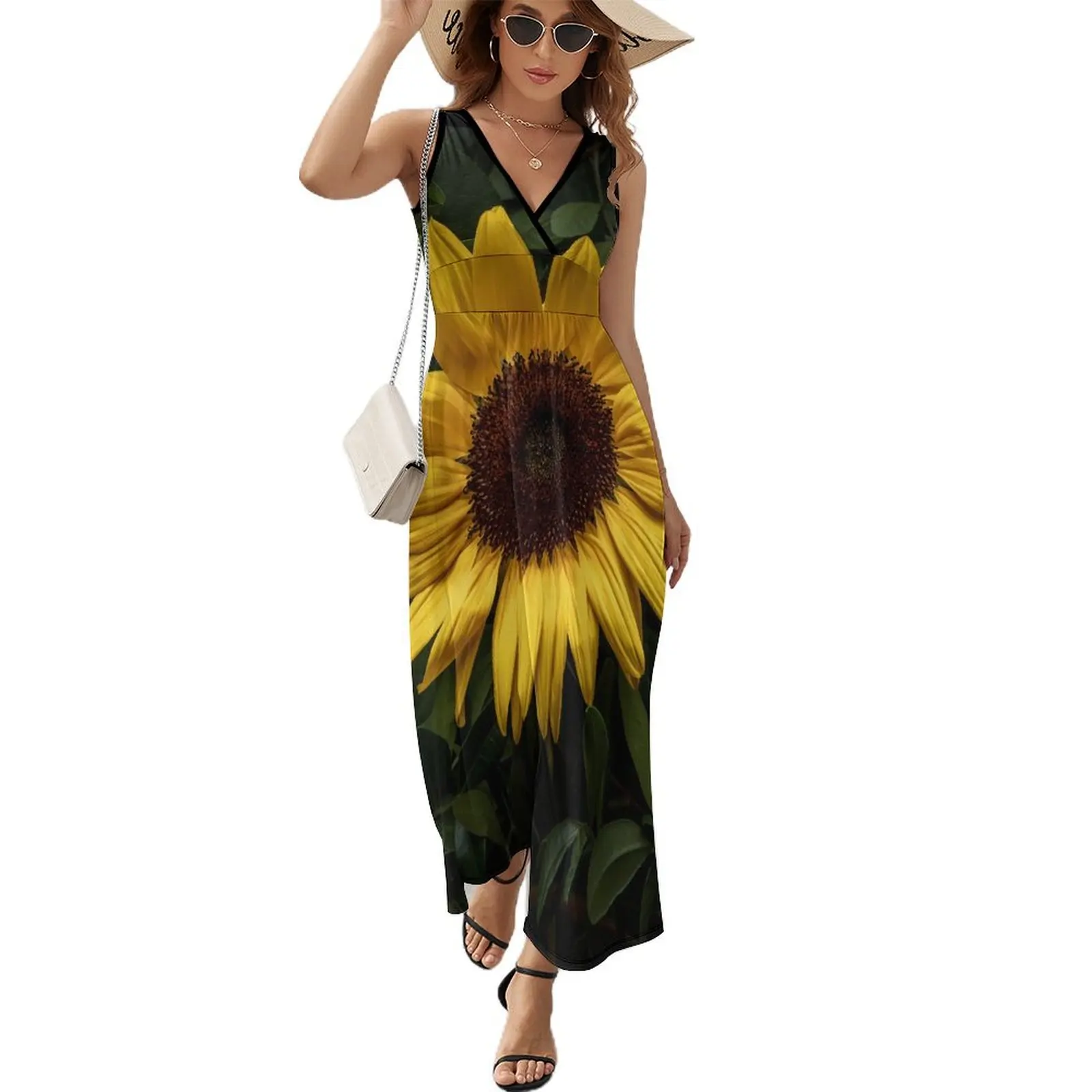 

Yellow Sunflower Print Dress Green Leaves Sexy Maxi Dress V Neck Custom Boho Beach Long Dresses Korean Fashion Big Size Vestido