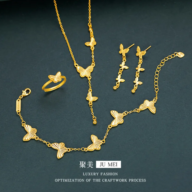 فاخر 24K 9999 الذهب الخالص الذهب الحقيقي الذهب مخزن ثلاثة فراشة قلادة سوار حلقة دعوى لصديقة هدية عيد ميلاد