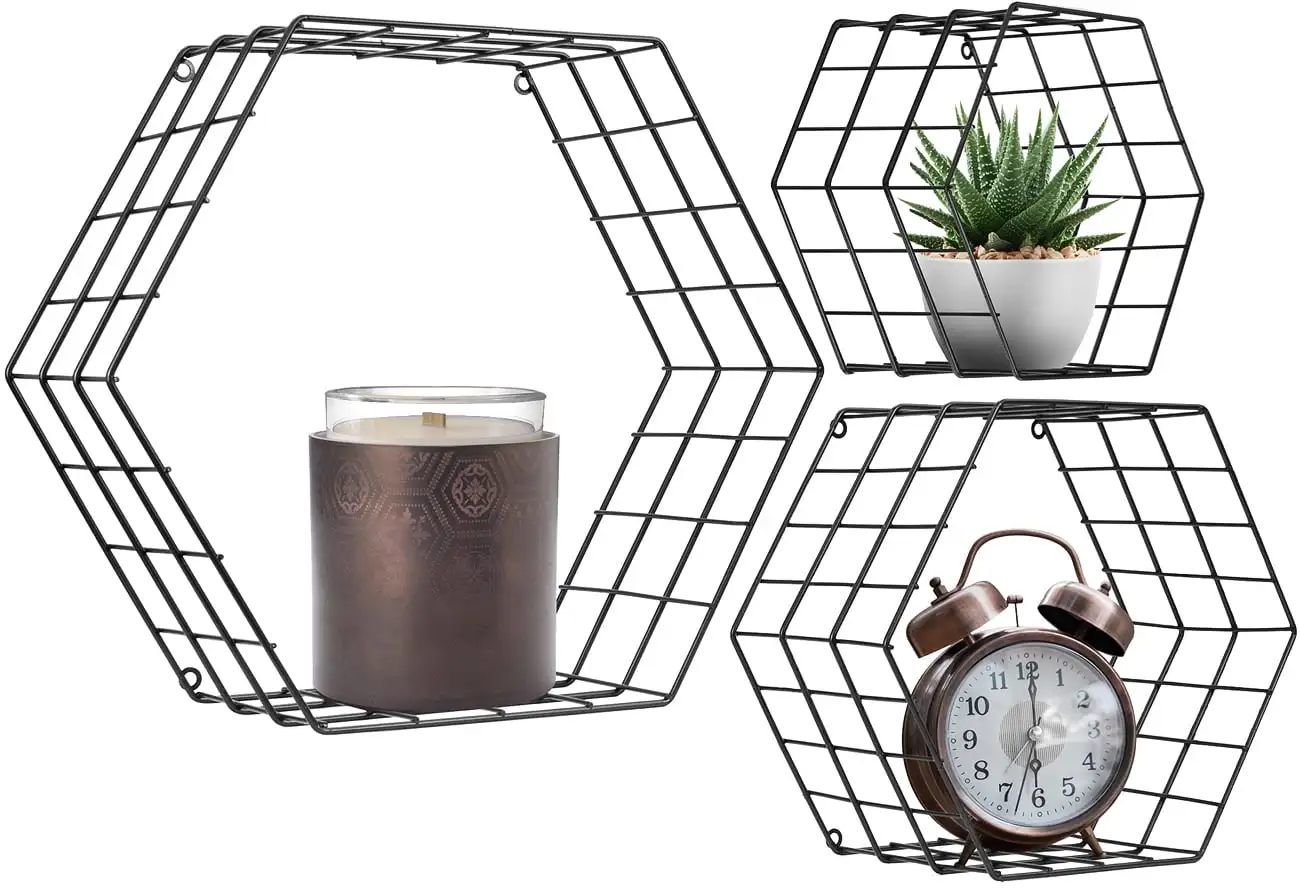 

Metal Wire Hexagon Design Wall Mounted Floating Shelves, Set of 3 - Black