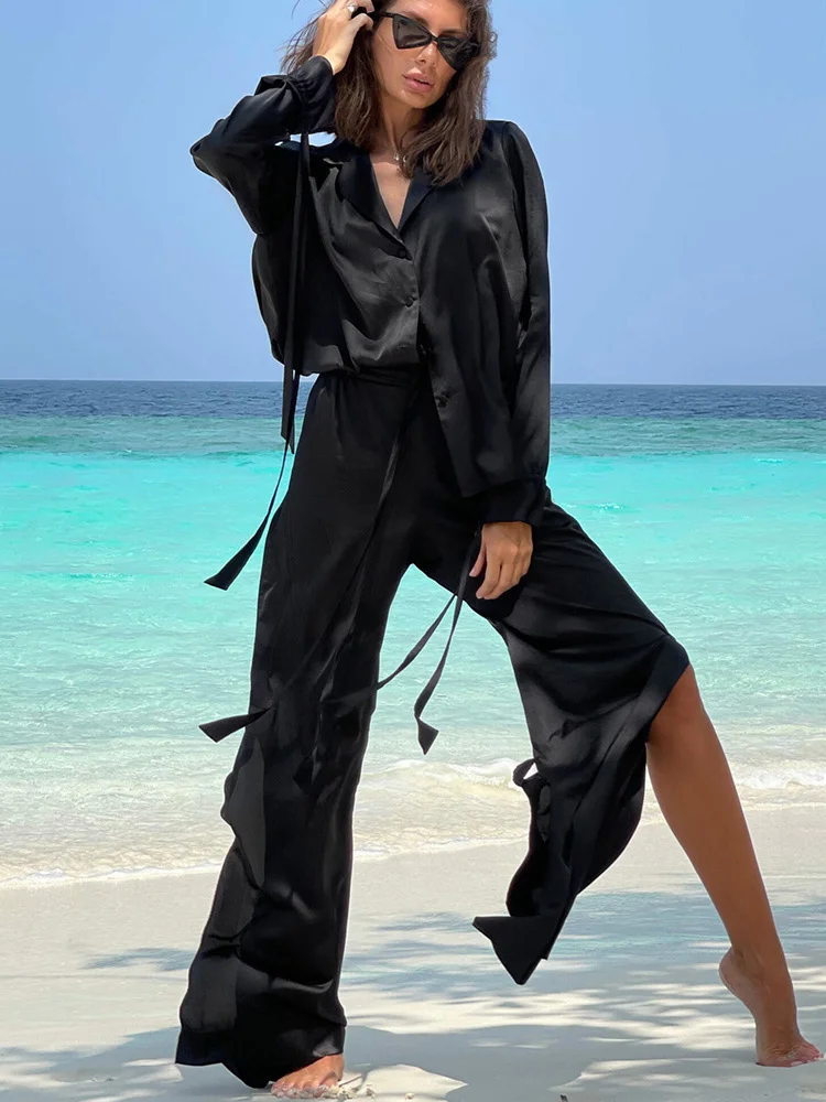 

Green Wide Leg Trouser Suit for Women Female Blazer Sets with Pants 2024 Summer Slik Satin Shirts Women's Two-piece Set Outfits