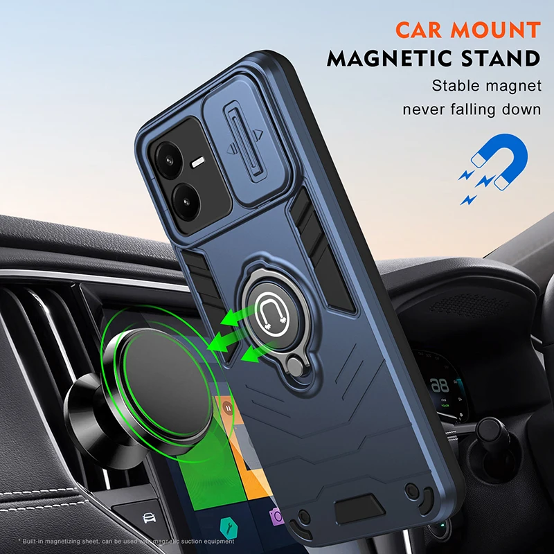 Durable Hybrid Armor Phone Case with Ring Bracket and Camera Slide