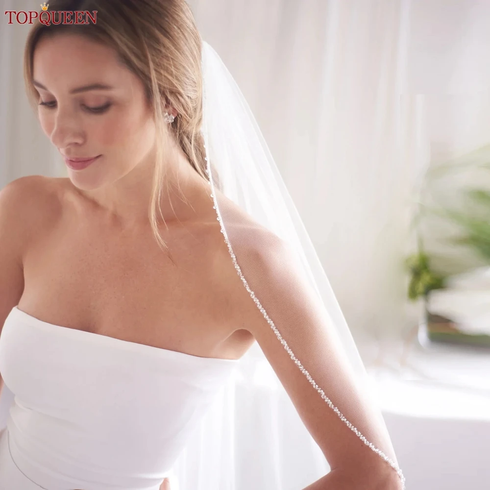 Bridal Veil TOPQUEEN V175 Crystal Edge Wedding Veils for Bride with Rhinestones Cathedral 1 Tier Wedding Hair Accessories