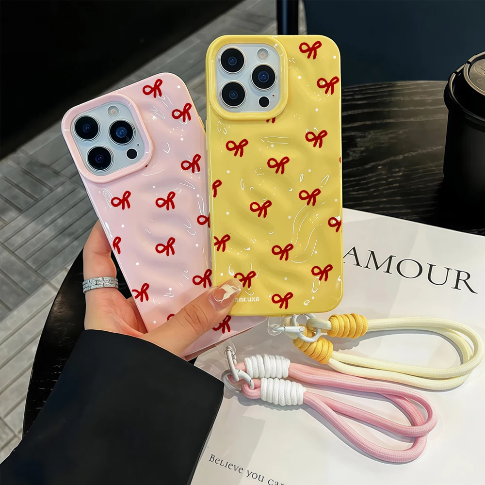 Elegant Burgundy Bow Phone Case with Lanyard - Shockproof Soft TPU Protection
