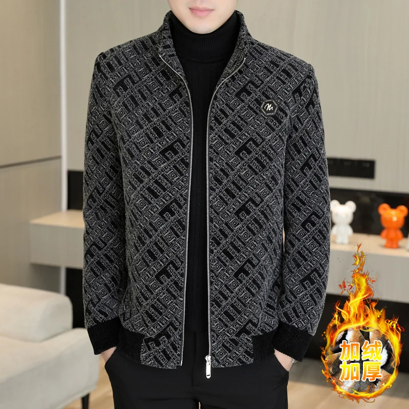 Brand Winter Wool Blends Jackets Men Fashion Printed Thickened Warm Business Trench Coat Slim Stand Collar Windproof Overcoat