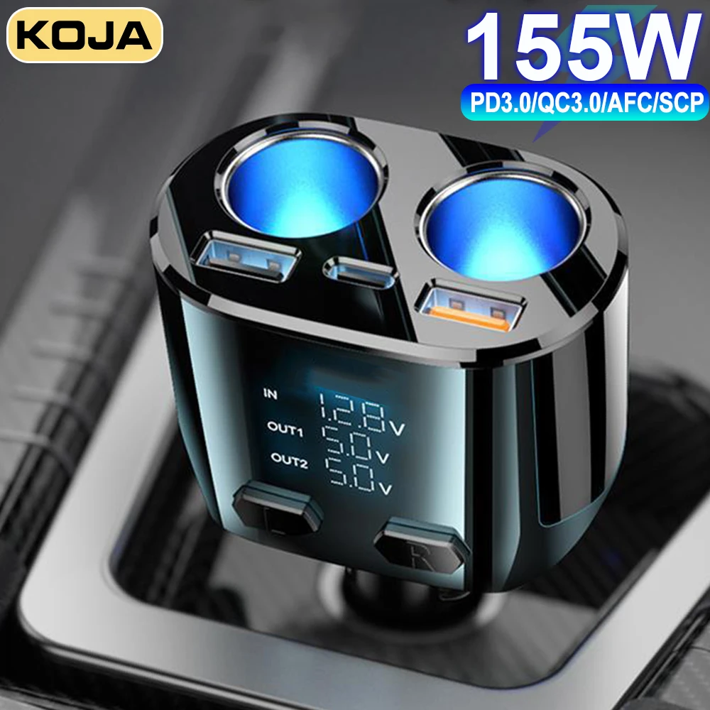 

Car Charger 155W Cigarette Socket 90W LED Display Type-C PD20W Quick Charge USB 66W Super Fast Charge For IPhone Samsung Xiaomi
