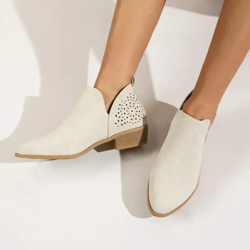 Women British Style Pointed Toe Thick Heel Chic European Solid