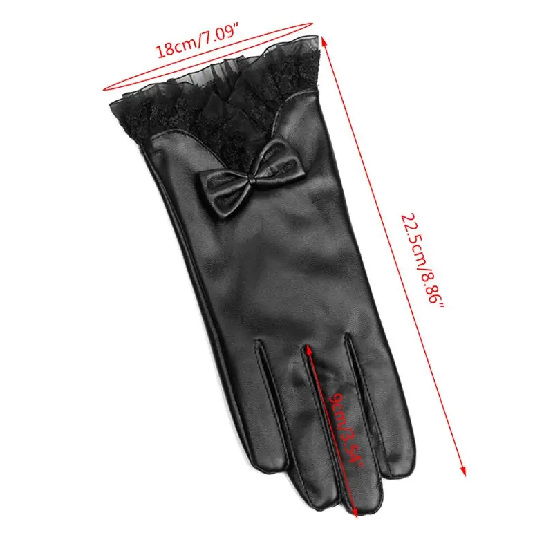 Elegant Lady Glove Lace Bowknot Winter Warm Women Faux Leather Full Finger Ski Gloves Warm Driving Motorcycle Gloves 6