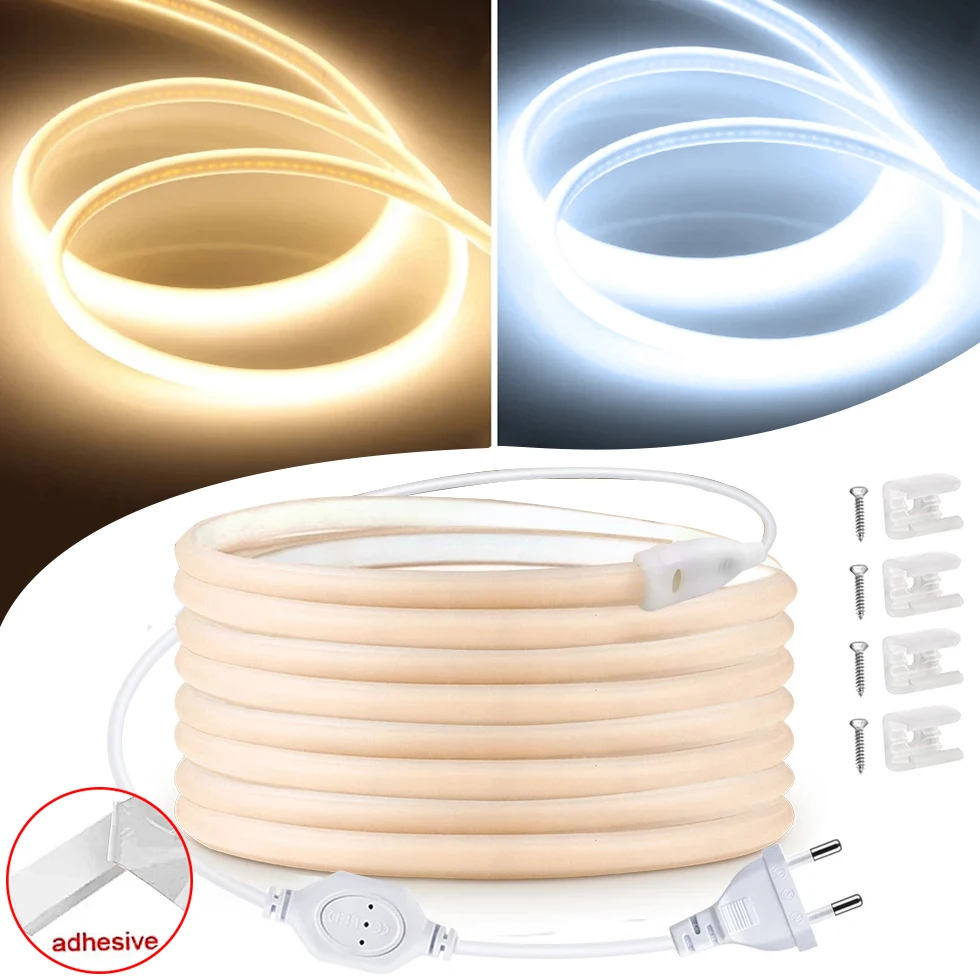 COB Led Strip High Brightness With EU Power 220V LED Strip Waterproof Flexible Ribbon Tape for Bedroom Outdoor Garden Lighting