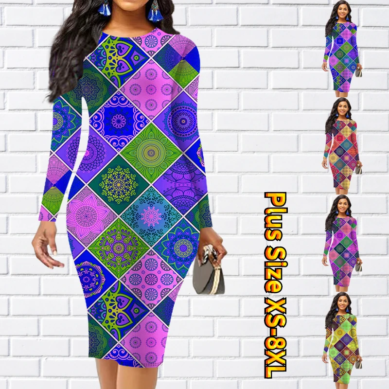

2022 New Women Round Neck Midi Skirt Slim Skirt New Design Printing Long Sleeve Skirt Autumn Winter Knee-length Skirt Sexy Dress