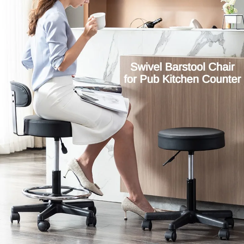 Silla de Bar redonda y alta, taburete de mostrador de altura ajustable con reposapiés, silla giratoria de cuero PU para barbería, cocina, Pub y barbería