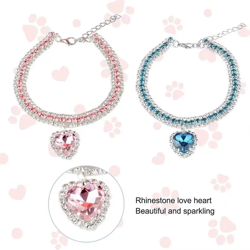 

Heart Charm Pet Collar Luxury Crystal Jewelry Kitten Collar Diamond Cat Necklace blue pet collar