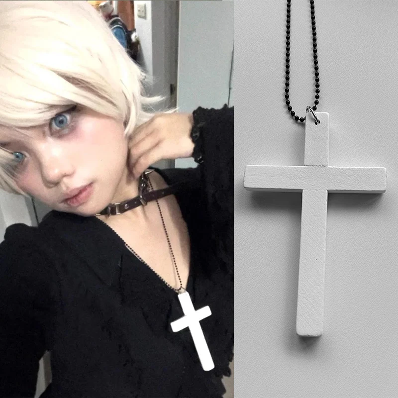 New Gothic Cool Y2K Wood Cross Pendants Necklaces Unisex Black White Red Hip Hop Charm Chain Choker Necklace Fashion Jewelry