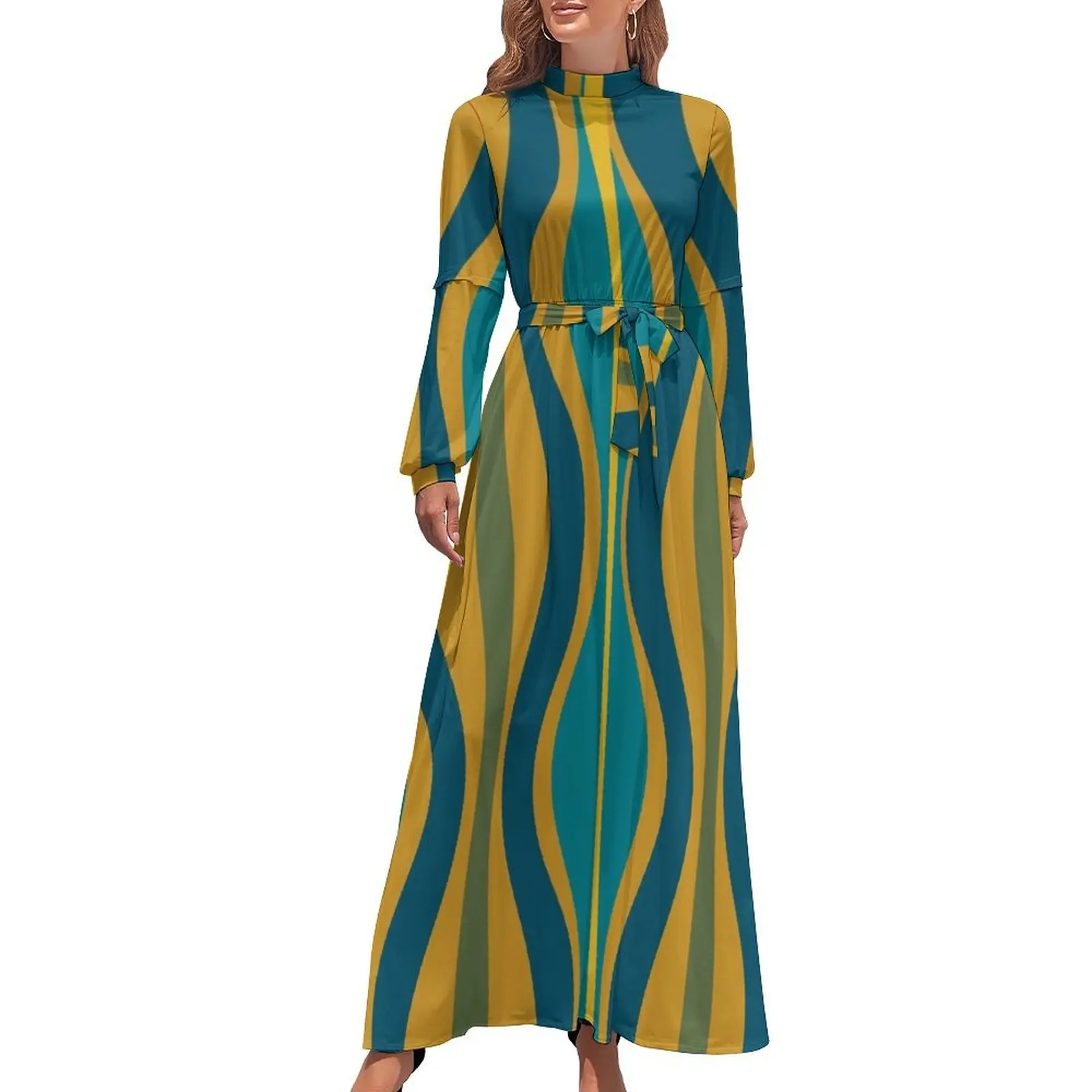 thumbnail image 1 of Conjuntos elegantes para mujer con vestido largo azul verdoso, mostaza y azul marroquí con estampado retro abstracto moderno de mediados de siglo con reloj de arena, 1 of 5
