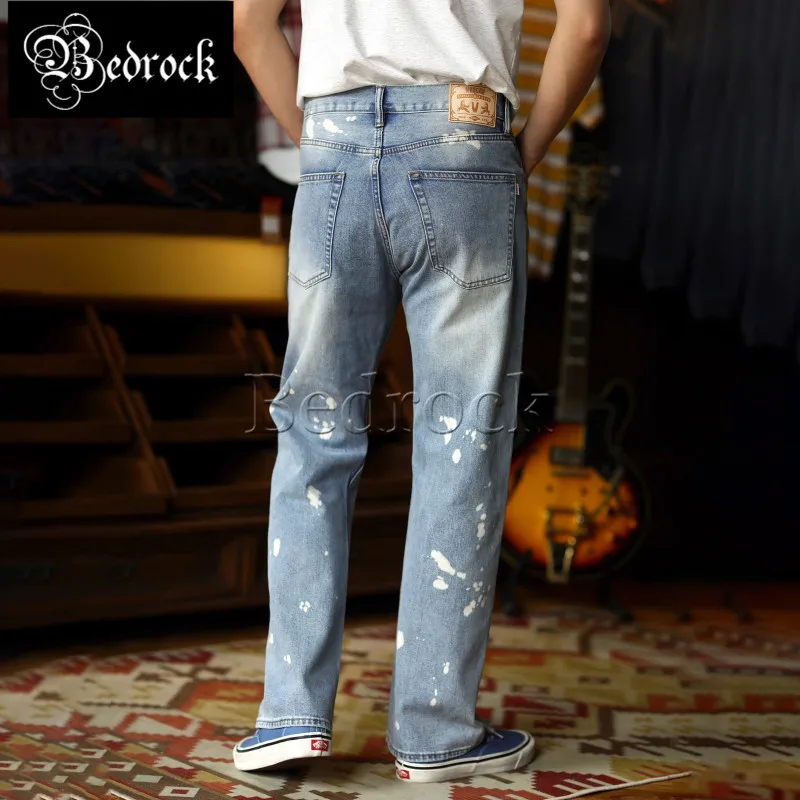MBBCAR 11oz Summer Jeans Men Boot Cut Vintage Spicy Ink Print Flare Trousers Light Blue Selvedge Denim Bell-bottoms Jeans 7497