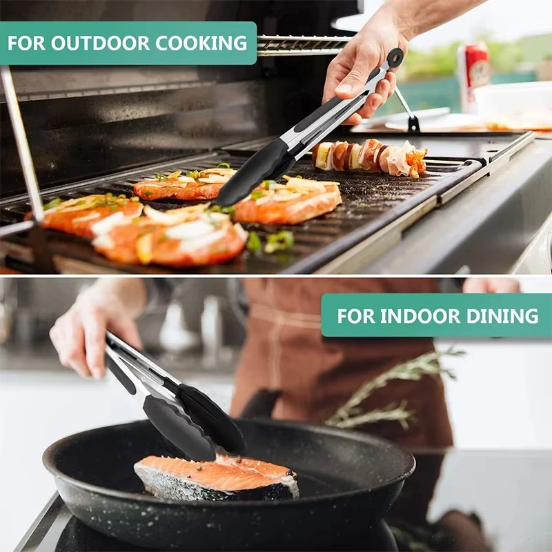 Silicone Tongs Kitchen Stainless Steel BBQ Non-Stick Kitchen Utensils Barbecue Cooking Tong With Joint Lock Kitchen Accessories