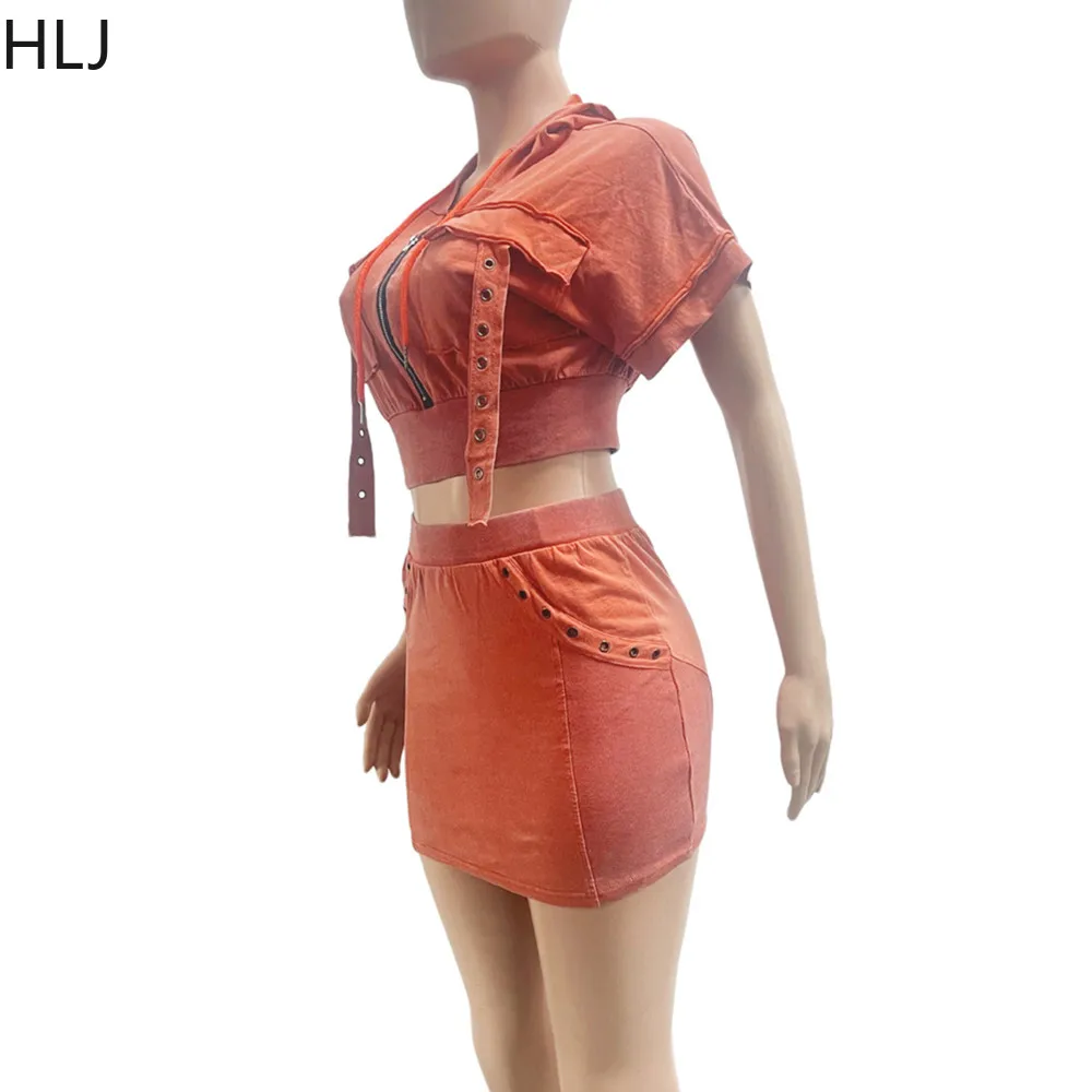 HLJ Fashion High Quality Splicing Hooded Two Piece Sets Women Zipper Short Sleeve Crop Top And Mini Skirts Outfits Streetwear