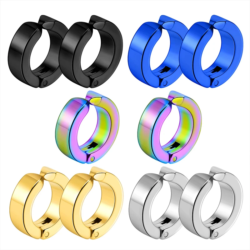 Close-up view of a black stainless steel clip-on hoop earring showing texture